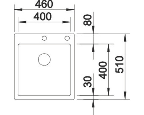 Technische tekening van een spoelbak met afmetingen
