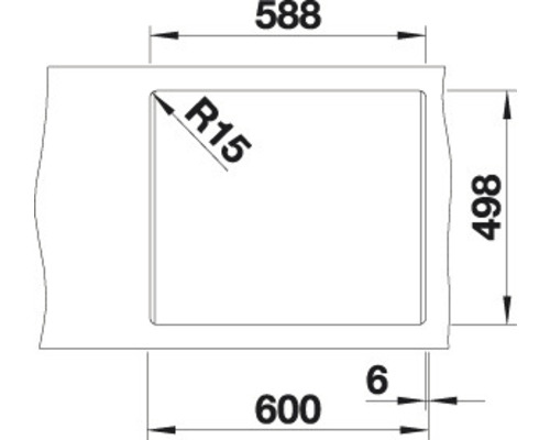 Technische tekening van een spoelbak met afmetingen in millimeters