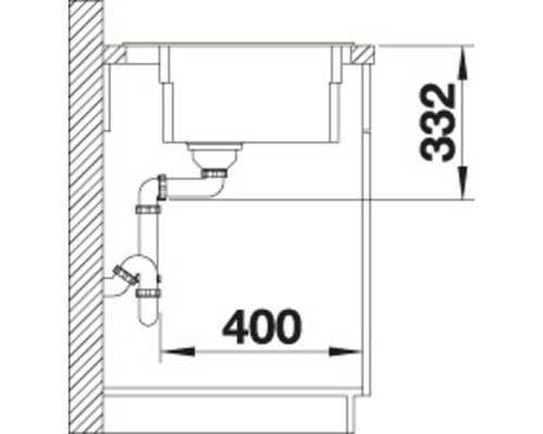 Technische tekening van een gootsteen met de afmetingen 332 en 400.