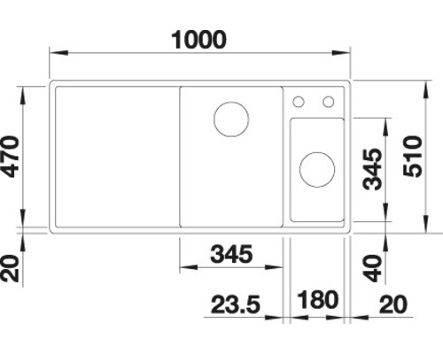 Technische tekening van een spoelbak met afmetingen