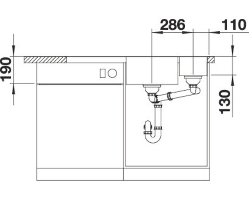 Technische tekening van een spoelbak met afmetingen