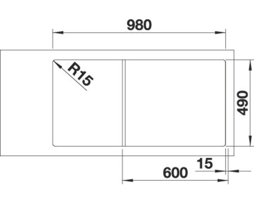 Tekening van een spoelbak met de afmetingen 980 x 490 mm en een hoekradius van 15 mm