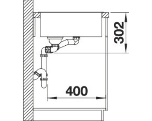 Schets van een gootsteen met afmetingen.