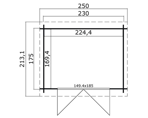 Technische tekening van een tuinhuis met afmetingen