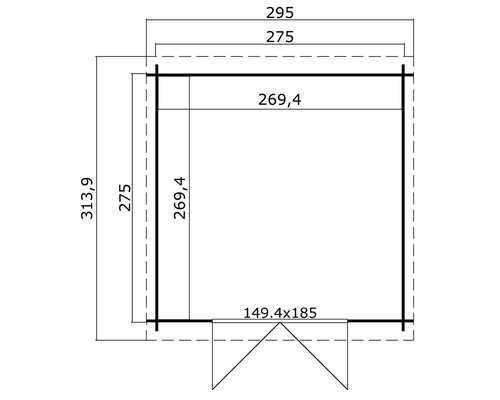 Plattegrondtekening van een tuinhuis met maatvoering.