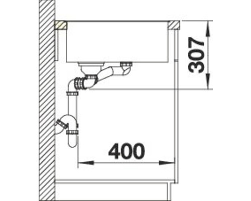Technische tekening van een spoelbak met afmetingen 307 en 400.