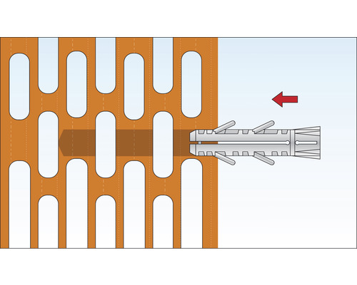 Illustratie van een plugbevestiging in een geperforeerde baksteen