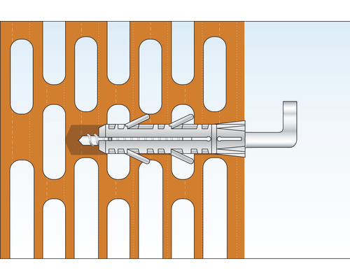 Kunststof spreidplug met haakschroef in geperforeerde plaat