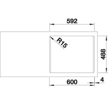 Technische tekening van een spoelbak met afmetingen