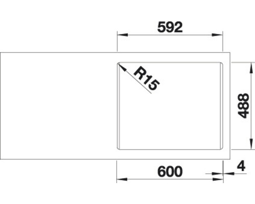 Technische tekening van een spoelbak met afmetingen