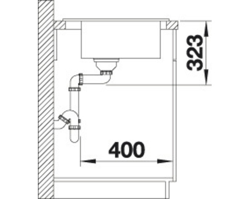 Technische tekening van een spoelbak met afmetingen