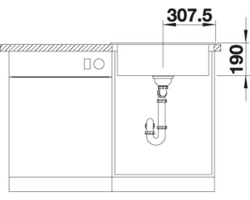 Tekening van een gootsteen met afmetingen