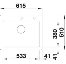 Tekening van een gootsteen met afmetingen.