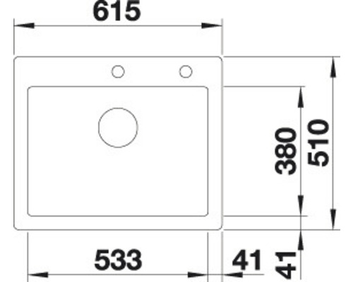 Tekening van een gootsteen met afmetingen.