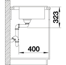 Technische tekening van een spoelbak met de maatvoering 323 en 400.