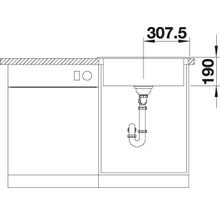 Technische tekening van een spoelbak met afmetingen 307,5 bij 190 millimeter