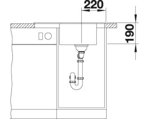 Technische tekening van een spoelbak met de afmetingen 220 en 190.