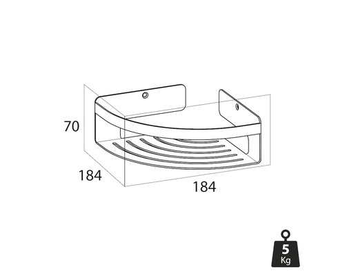 Hoekplank met de afmetingen 184 x 184 x 70 millimeter en een gewicht van 5 kilogram.