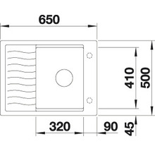 Technische tekening van een spoelbak met afmetingen van 650 x 500 millimeter