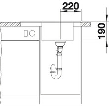Technische tekening van een spoelbak met afmetingen van 220 en 190 millimeter