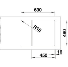 Technische tekening van een spoelbak met afmetingen 630 x 480 mm en een radius van 15 mm