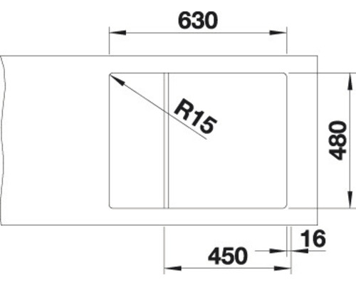 Technische tekening van een spoelbak met afmetingen 630 x 480 mm en een radius van 15 mm