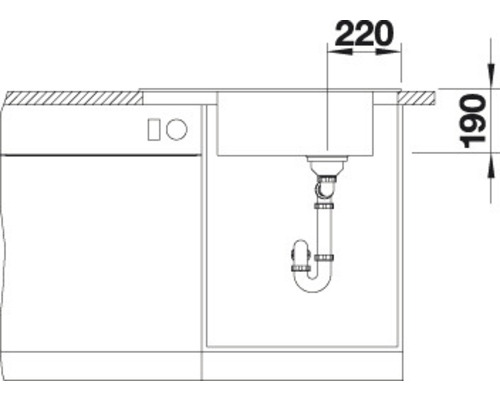 Tekening van een gootsteen met afmetingen voor installatie.