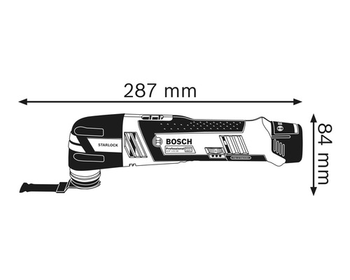 Afbeelding van een multitool met de maatgegevens 287 mm lengte en 84 mm hoogte