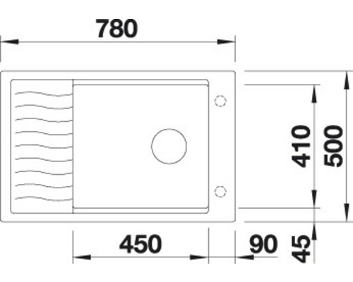 Technische tekening van een rechthoekige gootsteen met afmetingen 780 x 500 millimeter.