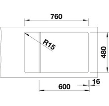 Technische tekening van een spoelbakuitsparing met de afmetingen 760, 600 en 480 millimeter en de radius R15
