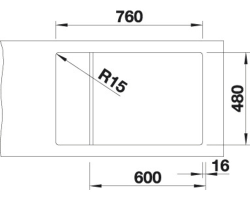 Technische tekening van een spoelbakuitsparing met de afmetingen 760, 600 en 480 millimeter en de radius R15