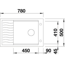 Tekening van een spoelbak met afmetingen 780 x 500 millimeter
