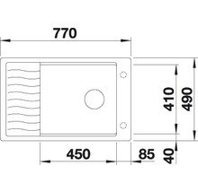 Tekening van een spoelbak met afmetingen