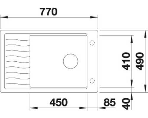 Tekening van een spoelbak met afmetingen