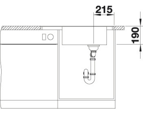 Technische tekening van een gootsteen met maatgegevens voor de installatie