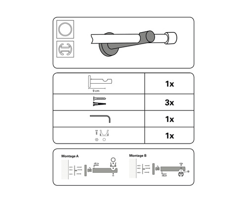 Afbeelding van de montagehandleiding voor een gordijnroede met accessoires