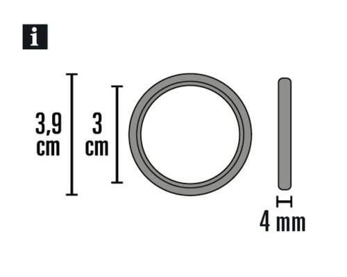 Technische tekening van een ring met de afmetingen 3,9 centimeter buitendiameter, 3 centimeter binnendiameter en 4 millimeter dikte