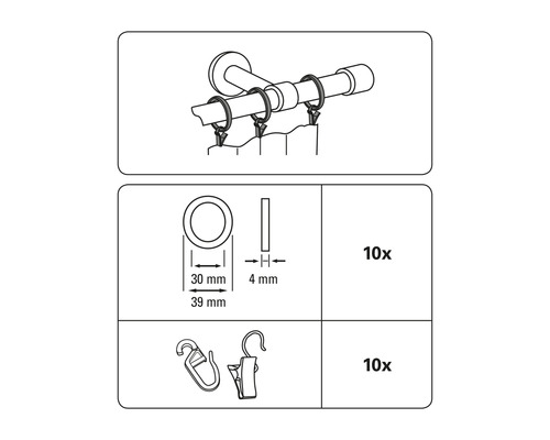 Gordijnroede accessoires set met ringen, haken en klemmen, 10 stuks