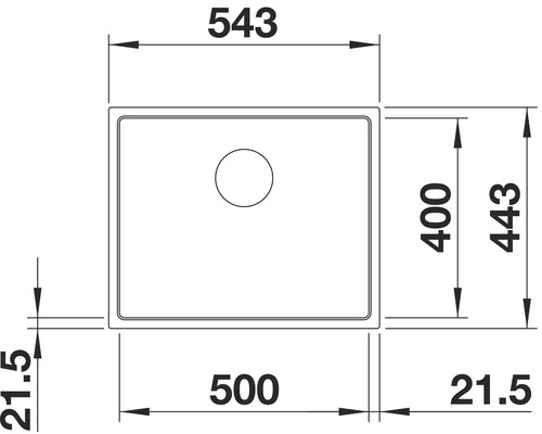 Technische tekening van een spoelbak met maatvoering