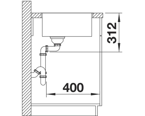 Technische tekening van een spoelbak met de afmetingen 312 en 400