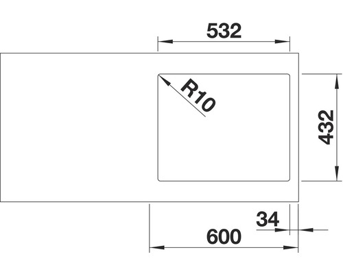 Technische tekening van een wastafel met afmetingen
