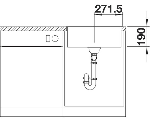Tekening van een gootsteen met afmetingen 271,5 en 190
