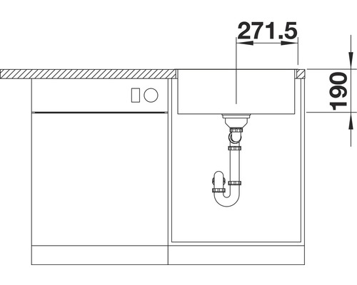 Technische tekening van een spoelbak met afmetingen