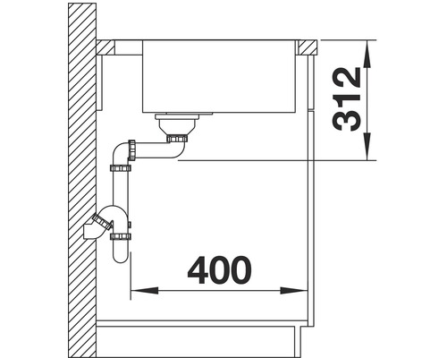 Schematische tekening van een spoelbak met afmetingen