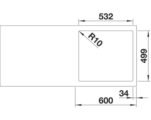Technische tekening van een wastafel met afmetingen.