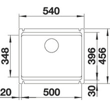 Technische tekening van een spoelbak met maatvoering