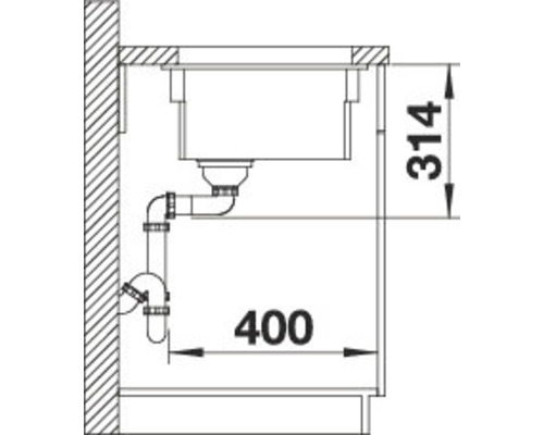 Tekening van een gootsteen met sifon en maatvoering