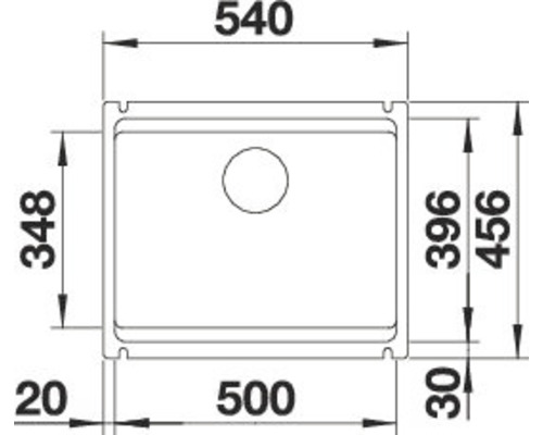 Technische tekening van een spoelbak met afmetingen