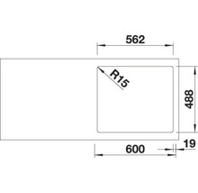 Technische tekening van een spoelbak met maatvoering