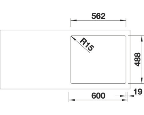 Technische tekening van een spoelbak met maatvoering